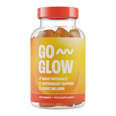 GoGlow-Flasche mit 60 Gummibärchen mit gelbem und korallenfarbenem Etikett